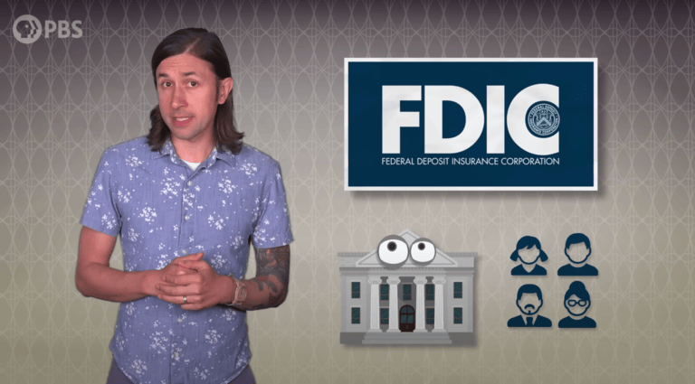 The male narrator from the video standing next to a graphic of the FDIC logo