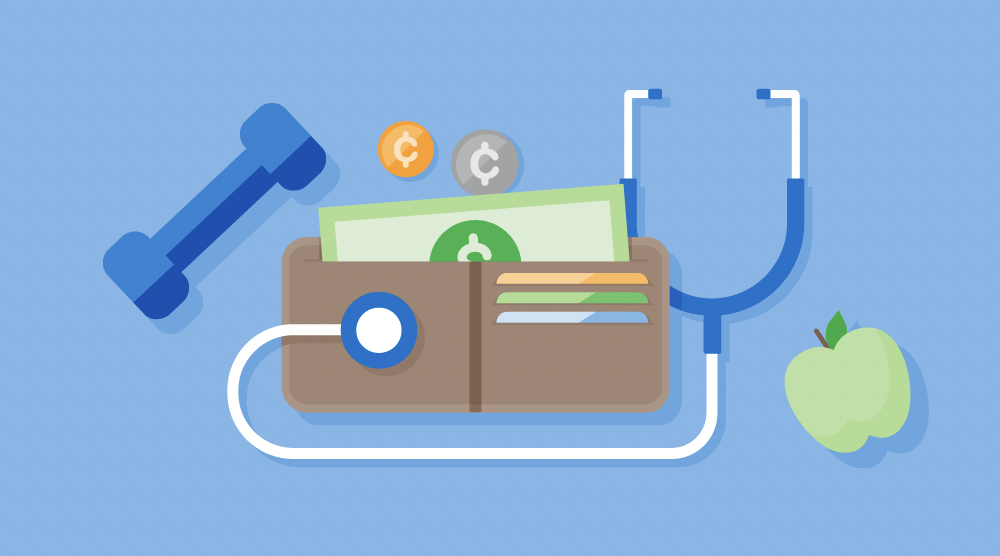 A cartoon depiction of a wallet, dumbbell, stethoscope, apple, and coins. 