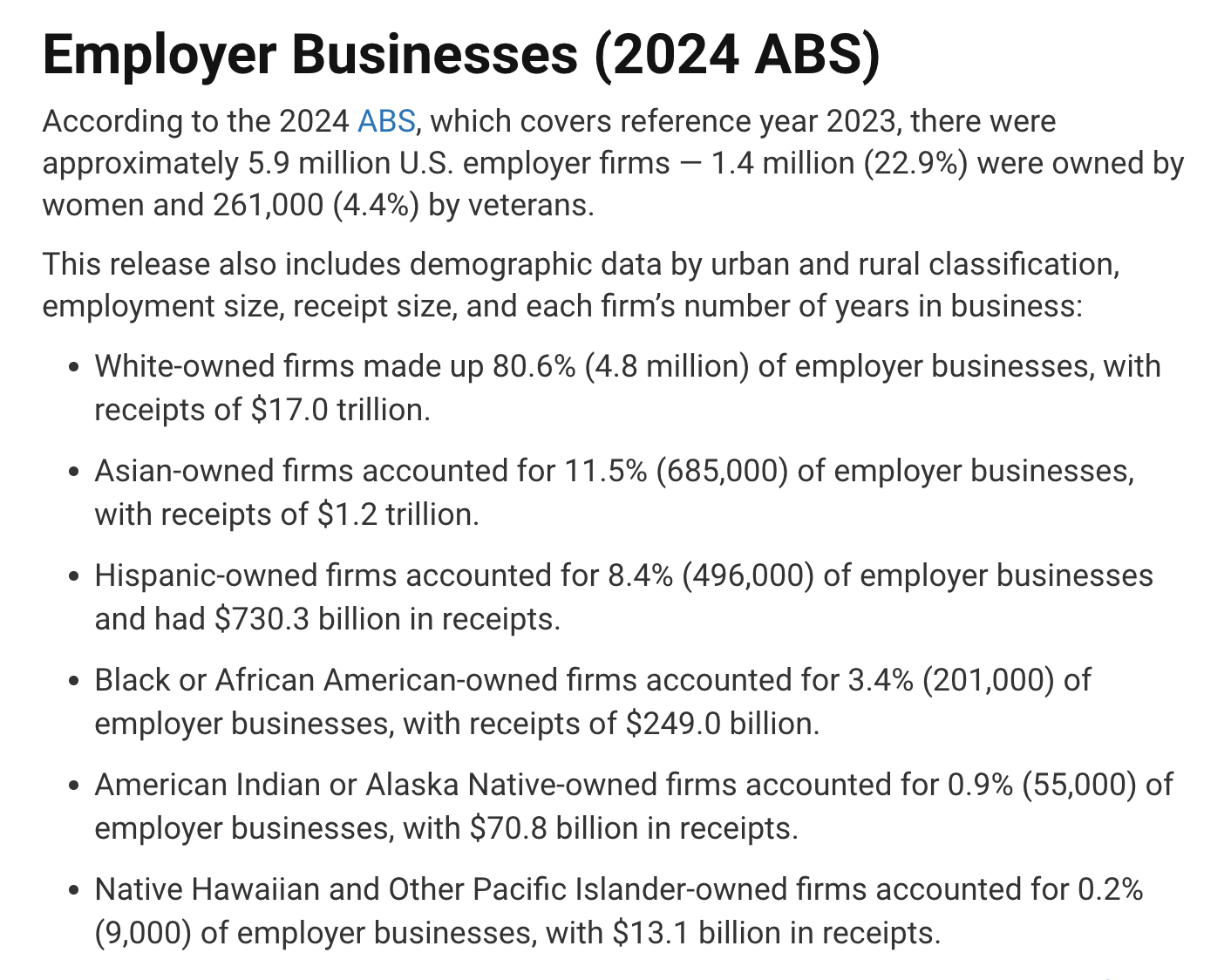 Screenshot from the US Census page showing the number of employer businesses, broken down by race and ethnicity