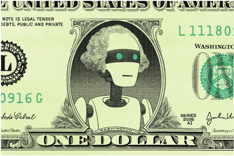 Picture of a dollar bill with a robot in the center
