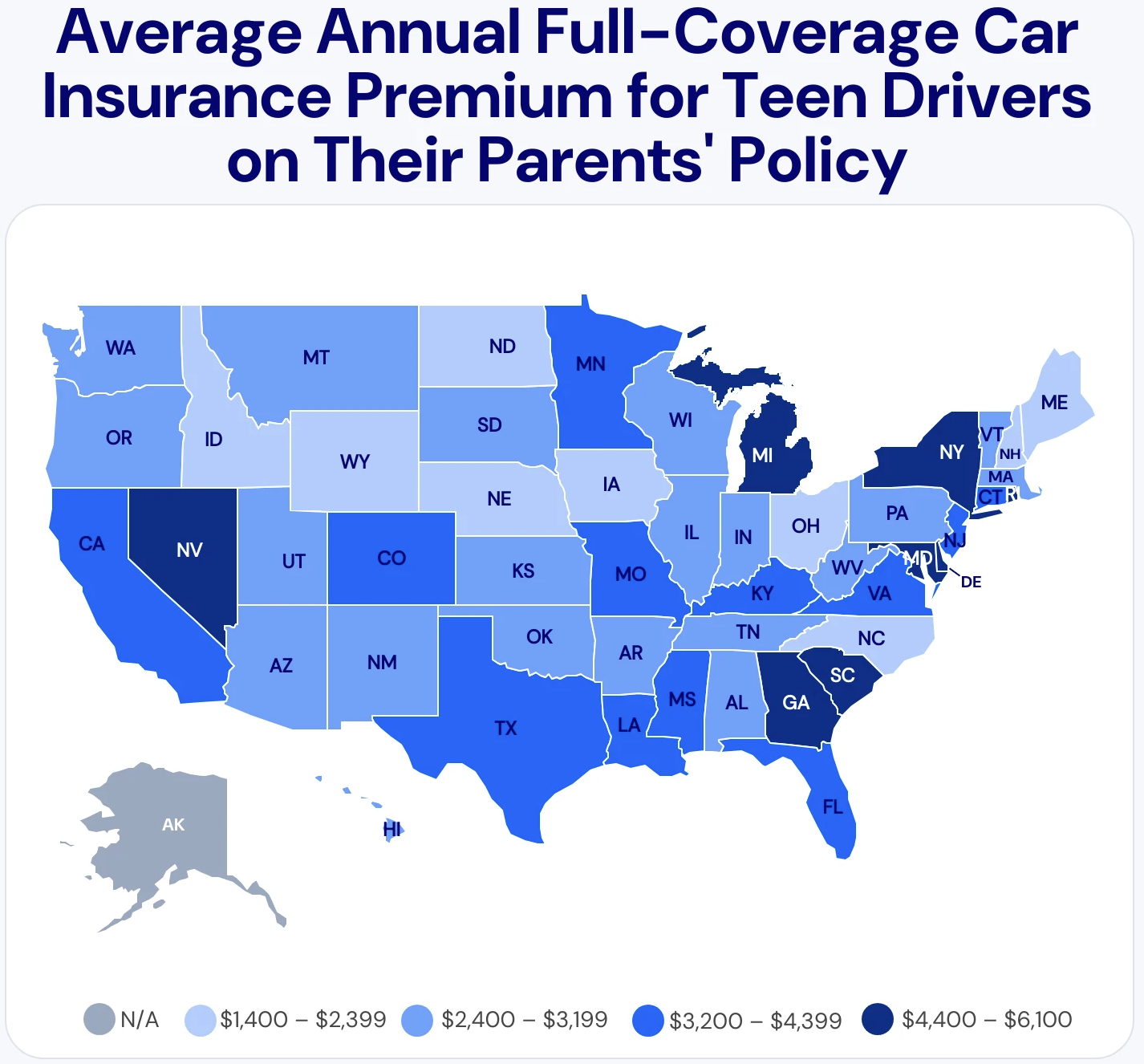 Image of the U.S. map showing which parts have the highest and lowest average price increases for adding a child to a parents plan