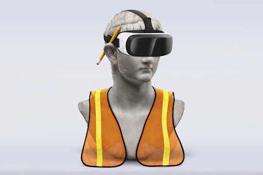 Statue bust wearing meta goggles and construction vest.