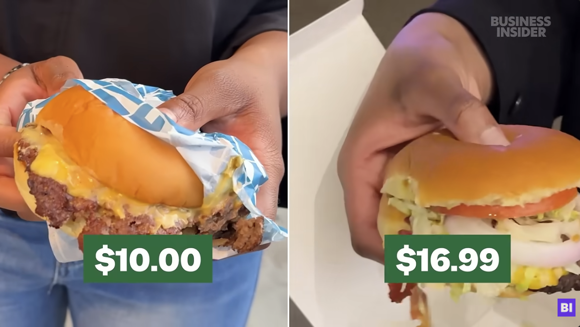 Picture comparing the same burger for $10.00 outside of the stadium and $16.99 in the stadium.